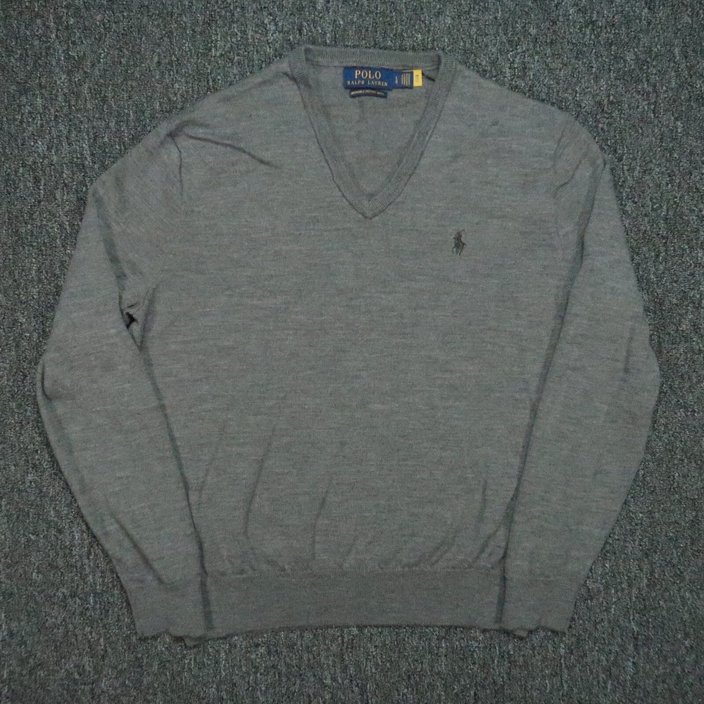 Polo Ralph Lauren Sweater Mens Large Gray Washable Merino Wool V Neck Preppy